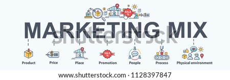 Marketing mix 7P banner web icon for business and marketing, price, place, promotion, product, people and physical environment. Minimal vector infographic.