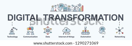 Digital Transformation banner web icon in futuristic, ai, technology, communication, iot, automation and cloud computing. Minimal vector infographic.