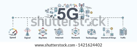 5G banner web icon for business and technology, speed, signal, network, technology, big data, Iot and traffic icons. Minimal vector infographic. 商業照片 © 