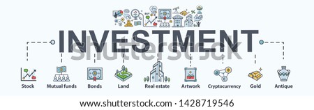 Investment banner web icon for business and finance. Property, Land, stock, gold, bond, mutual funds, currency exchange, profit and loss. Minimal vector infographic.