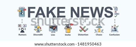 Fake news banner meaning icon in social media, fake, discredit, lie, confusion, incite and distortion. Flat vector infographic
