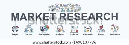 Market research banner web icon for business and social media marketing, target, survey, market gap, customer, trends, analytics and statistics. Flat vector infographic.