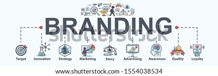 Branding banner web icon for business and digital marketing, Target, social media, story telling, awareness, customer service, quality and brand brand loyalty. Flat cartoon vector infographic.