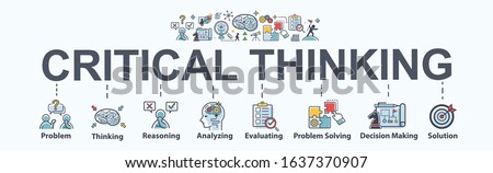 Critical thinking banner web icon for problem solving, creative, thinking, reasoning, analyzing, decision making and solution. Minimal vector cartoon infographic.