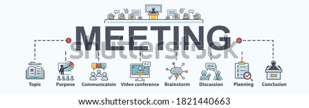 Meeting banner web icon for appointment and convoke, Topic, purpose, brainstorm, communication, discussion, video conference and conclusion. Minimal flat cartoon vector infographic. Photo stock © 