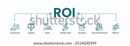 Roi banner web icon vector concept for return on investment, capital, sales, interest, dividend, yield, cost of investment and return. minimal cartoon infographic.