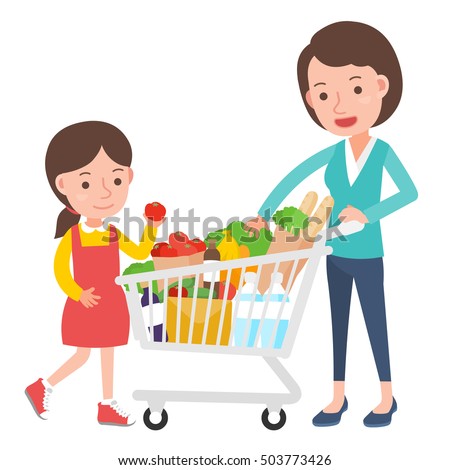 Mom And Daughter With Supermarket Trolley. Shopping With Kid. Stock ...