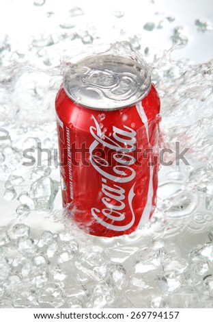 kuala Lumpur,Malaysia 15th April 2015,Editorial photo of Classic Coca-Cola can in crushed ice.