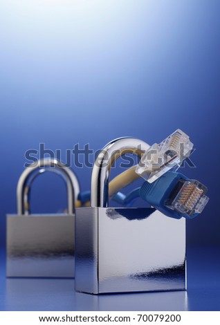 Padlocks with internet cables on the blue background.