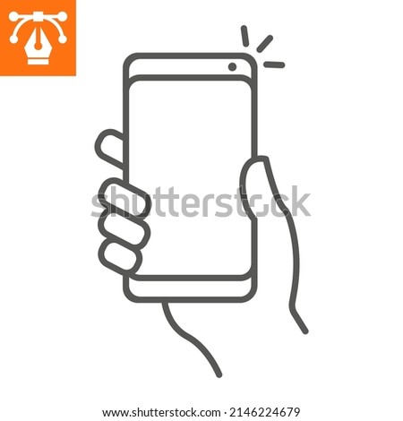 Selfie line icon, outline style icon for web site or mobile app, hand and phone, smartphone vector icon, simple vector illustration, vector graphics with editable strokes.