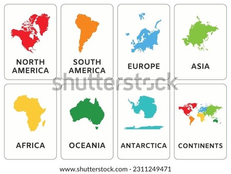Continents Flashcards Educational Game for Child Isolated Vector Colorful
