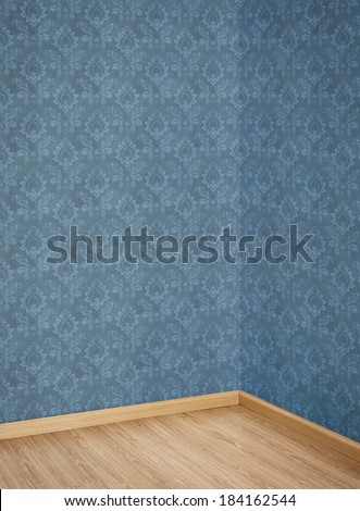 Interior of Old Room with a Wooden Floor and Blue Wallpaper