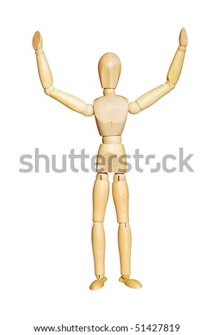 I surrender! Wooden figure with hands raised