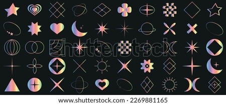 Vector icons on a black background. Collection of abstract geometric symbols in rainbow gradient. y2k style. Elements for designing notes, posters, stickers, logos, business cards.
