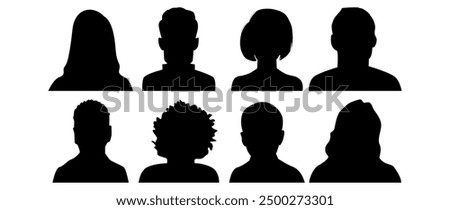 Vector flat illustration. Eight icons. Black silhouette of men and women. Avatar, user profile, person icon, profile picture. Suitable for social media profiles, icons, screensavers and as a template.