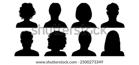 Vector flat illustration. Ten icons. Black silhouette of men and women. Avatar, user profile, person icon, profile picture. Suitable for social media profiles, icons, screensavers and as a template.