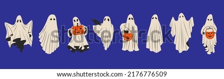Set of  halloween ghosts. Halloween scary spirits with pumpkins in different poses. Halloween ghosts isolated flat vector illustrations.

