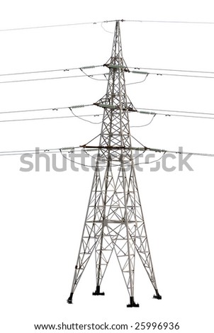 High-voltage transmission tower isolated on white background