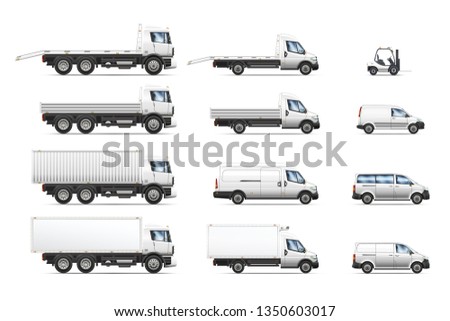 Vector illustrations set of commercial transportation and delivery trucks, isolated on a white background.