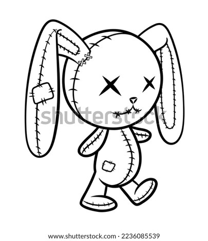 Crazy voodoo rabbit. Cute evil rabbit, halloween decoration. Sewn voodoo bunny walking through. Vector illustration. Design for coloring books, stickers, cards, invitations