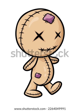 Crazy voodoo doll. Colored cute evil doll isolated. Sewn voodoo doll walking through. Vector illustration. Design for stickers, cards, invitations. Stitched thread funny zombie monster. 