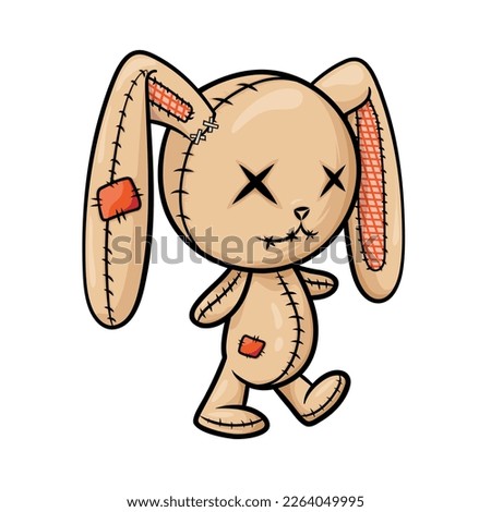 Crazy voodoo rabbit. Colored cute evil rabbit isolated. Sewn voodoo bunny walking through. Vector illustration. Stitched thread funny zombie monster. Design for stickers, cards, invitations.