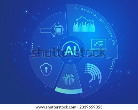 Artificial intelligence pie chart data analysis hologram infographic, landing page, banner website vector Illustration concept. AI technology circle diagram big data, tech, cyber security, ID, graph.