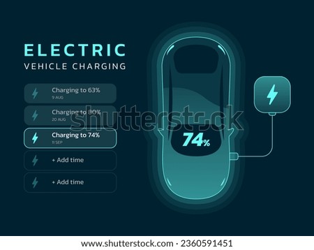 Top view electric car charging battery with EV charger Station, wallbox hologram interface vector design concept. EV plugin station. Electric vehicle neon green digital outline illustration.