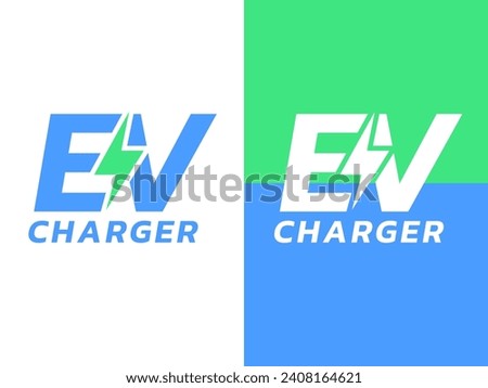 Electric Vehicle Charger with thunderbolt symbol is in the middle of the letter EV logo vector design concept. Letter EV logotype symbol for Electric Car, EV station, Electric Vehicle industry, ui.