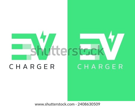 Electric Car Charger Logo for EV Electric Vehicle recharging energy logo vector design concept. Letter EV logotype green color symbol for Electric Car, EV station, Electric Vehicle industry, ui, web.