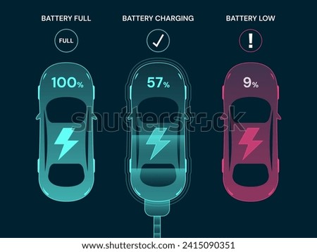 Top view electric car show dashboard status interface EV Charging Battery, EV Battery Fully, EV Battery Low vector design concept. Top view electric car charging battery with EV charger Station.