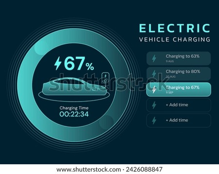 Side view electric car charging battery dashboard display status with EV charger Station, wallbox hologram interface vector design concept. Electric vehicle neon green digital outline illustration.