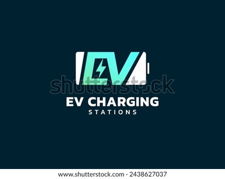 Electric vehicle charging letter EV with in Battery Shape Symbol logo vector design concept. Letter EV logotype symbol for Electric Car, EV station, ui, web, ev business, infographic, new technology.