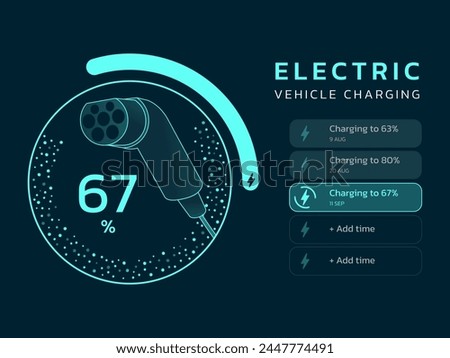 Electric Vehicle battery charging Status Dashboard Hologram Interface with Plug Connector symbol in circle technology interface vector design concept. EV car battery charging dashboard for ui, website