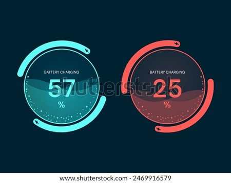 Electric vehicle Battery Charging circle Status interface with Battery Charging, Battery Low vector design concept. Electric car charging for EV station, EV business, ui, infographic, web, new tech.