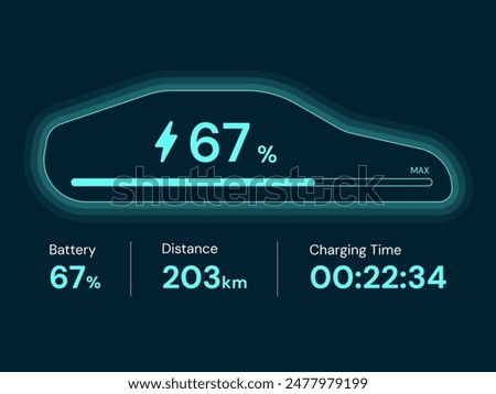 Side view electric car battery charging dashboard hologram interface with status Charging Time, Distance vector design concept. EV car battery charging dashboard for ui, website, EV business, new tech