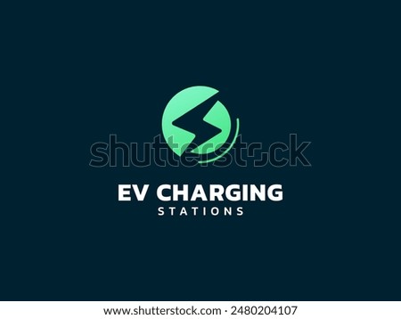 Electric vehicle charging with lightning bolt symbol overlapping in circle logo vector design concept. EV charging logotype symbol for Electric Car, EV station, ui, business, infographic, web, tech.