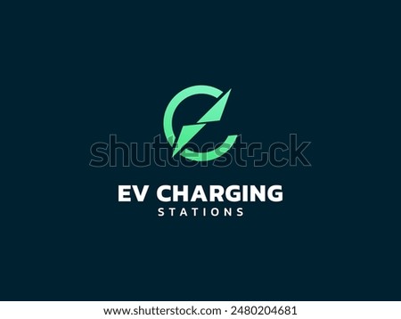 Electric vehicle charging with letter e lightning bolt symbol overlapping circle logo vector design concept. EV charging logotype symbol for Electric Car, EV station, ui, business, infographic, tech.