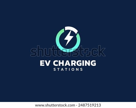 Electric vehicle charging with lightning bolt symbol in circle logo vector design concept. EV charging logotype symbol for Electric Car, EV station, ui, business, infographic, tech, clean energy, web.