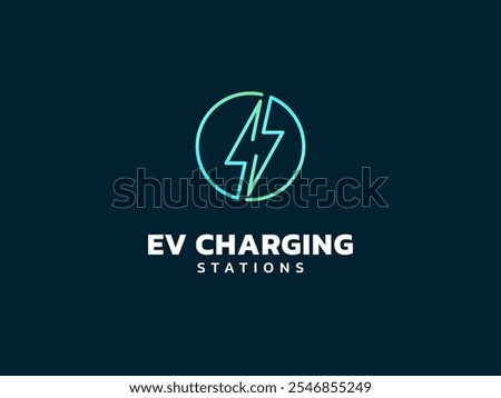 Electric vehicle charging with lightning bolt lines symbol in circle logo vector design concept. EV charging logotype symbol for Electric Car, EV station, ui, business, infographic, clean energy, tech