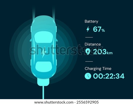 Electric Vehicle battery charging Dashboard Interface with Top view electric car charging battery vector design concept. EV charging design for Electric Car, EV station, ui, clean energy, website.