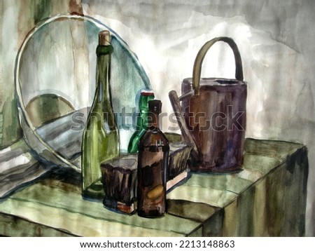 Still life Watercolor Painting with bottles and old rusty metal watering pot, brush, textile, fabric on the table. Green and brown colors.