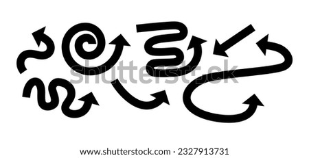 Set of black curved wavy arrows isolated on white background. Vector signs.