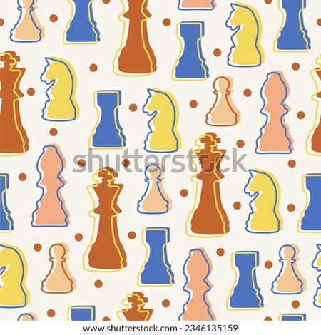 Seamless pattern with chess colorful figures. On white background. Vector flat. King, queen, pawn, rook, horse, bishop.