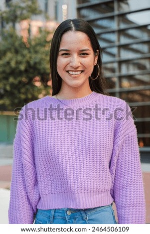 Similar – Image, Stock Photo Teenager in front of a Mediterranean wall with orange earrings, ponytail and sunglasses. Teenager with blond hair smiles into the camera. Holiday photo of a young woman in summer, in front of a light-coloured facade, wall. Sun protection through crooked sunglasses.