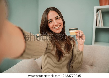 Similar – Image, Stock Photo Cheerful woman taking selfie on smartphone in city