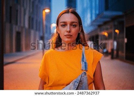Similar – Image, Stock Photo Serious woman looking at camera