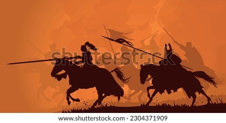 Medieval knights in charge. Vector illustation - isolated. Horse riders attacking enemy. Battle