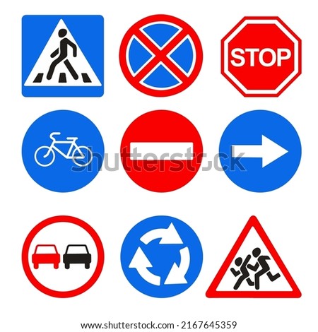 Vector road signs. Pedestrian crossing, no stopping, stop, cycle path, no entry, no overtaking, roundabout.