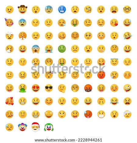 Emoticons and emotions emoji vector set. Smiling, neutral or skeptical, sleepy, sickly, worried, angry or dissatisfied face.